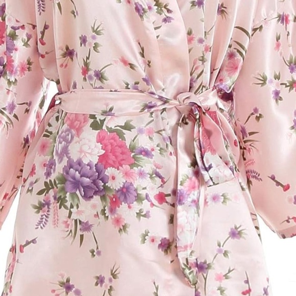 Mother’s Day Floral Soft Silky Pink Kimono Robe - Picture 3 of 5